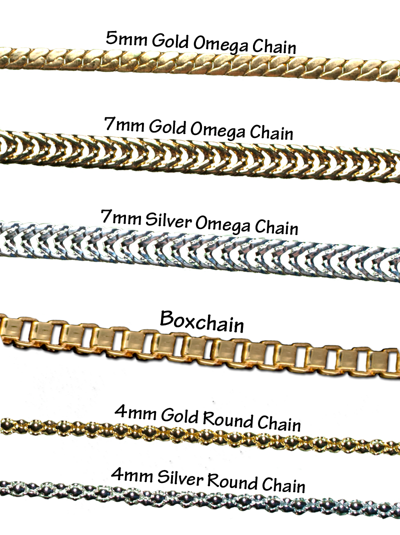 Gold and silverplate chains in Omega, round and box chain styles. All