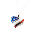 American flag heart shaped pendant/necklace adorned with small diamond like crystals on white and red enamel. The silver stars are mounted on a blue background.