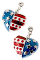 American flag heart shaped drop earrings in red, white and blue enamel, with silver-plate stars and red diamond like crystals. Drop approx 1.5", post back, silver plate, lead free.