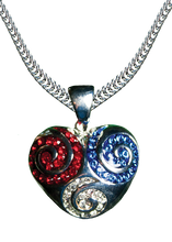 A beautiful silverplate patriotic neckslide/pendant in the shape of a raised heart with swirls of red, white and blue Swarovski crystals. Size: 1.25"H x 1"W.