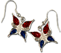 These earrings feature red white and blue crystals mounted in a silver butterfly. Approx 1", Euro-wire.