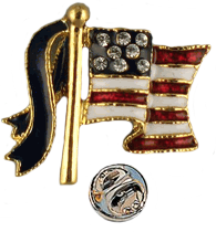 The American flag lapel pin has small Swarovski crystals for stars set on blue enamel. The stripes are red and white enamel with a blue enamel ribbon attached to the pole. Goldplate, size 0.75".