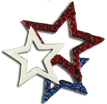 This 3 star brooch and features red and blue crystal stars with a center white enamel star.