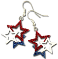 These 3 star dangle earrings feature red and blue crystal stars with a center white enamel star. 
