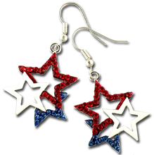 These 3 star dangle earrings feature red and blue crystal stars with a center white enamel star. 