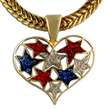 This neckslide features a collage of red, white and blue crystal stars embedded in the shape of a heart. Goldplate finish.