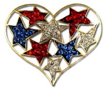 A collage of red, white and blue crystal stars are featured and embedded in the shape of a heart.