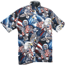 A beautiful patriotic design with eagles and Flags that celebrates American values and ideals. This shirt is made of 100% combed cotton and is made in the USA. It features matched pockets, real coconut buttons, double-stitching, and side vents so shirt can be worn outside or tucked in.