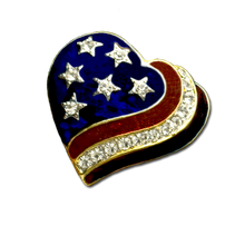 Patriotic red, white and blue enamel heart shaped brooch/pin with diamond like Swarovski Crystals. Gold-plate.