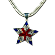 Elegant star with red and blue enamel and diamond-like Swarovski crystals. Approx. 1.5". (Chain not included)