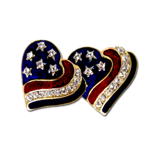 Heart shaped earrings in patriotic red, white and blue enamel with diamond like Swarovski crystals. Gold-plate.