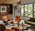 An ultra-luxurious, mid-century modern living room with Spirit Birch paneling that seamlessly blends organic architectural elements with iconic, timeless furniture design. The space features a sophisticated, nature-inspired palette of rich woods, cognac leather, and olive green, emphasizing a fluid transition between indoor comfort and outdoor landscape design.