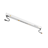 Angle view of a white Gavita under canopy 150W LED light bar with black power cables.