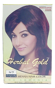 HERBAL GOLD  Henna Hair Color  N7 Burgundy 6 pouch packs/Box(HERBAL GOLD 植物染发剂 N7 深紫紅色 6小包/盒)