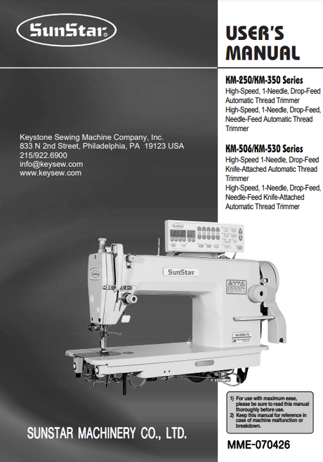 Sunstar KM-250 KM-350 KM-506 KM-530 Industrial Sewing machine PDF User Manual in English