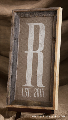 burlap monogram established sign