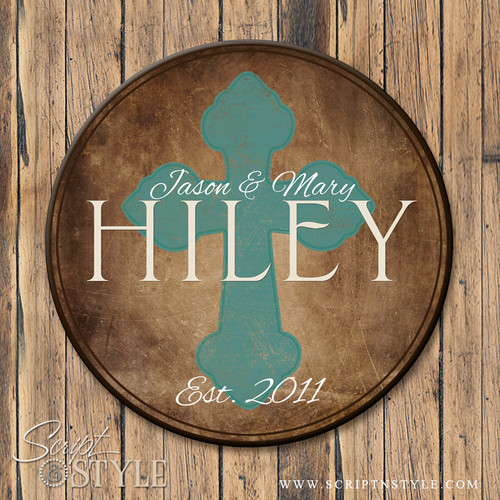Family Name Sign with Cross-Brown/Turquoise
