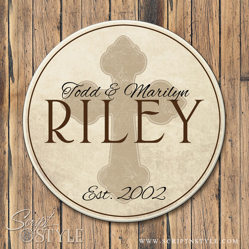 Family Name Sign with Cross-Cream/Tan