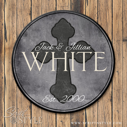 Family Name Sign with Cross-Gray