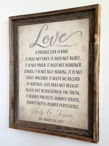 Personalized 1 Corinthians 13 Burlap Sign