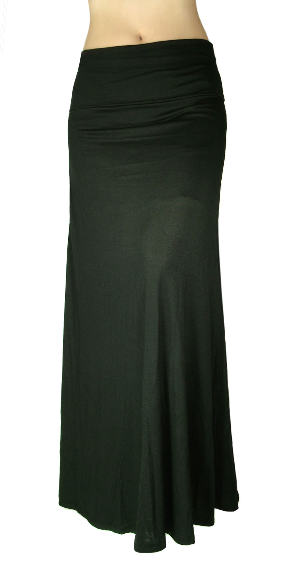 Solid Long Maxi Skirt Waist Foldover Black Color Lightweight Rayon ...