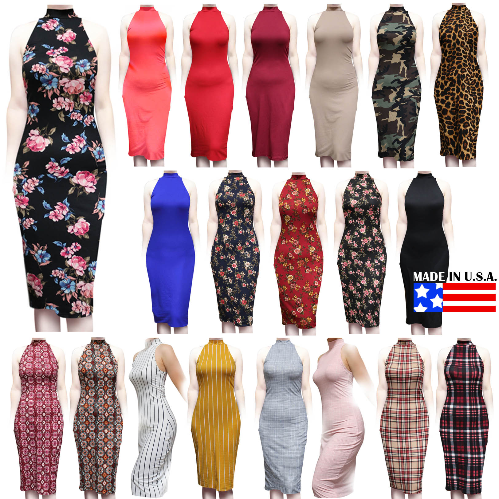 Usa Women S Sexy Sleeveless High Neck Bodycon Midi Casual Office
