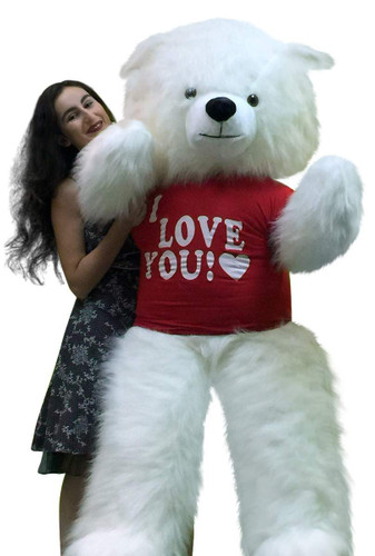 american made giant 6 foot white teddy bear wears i love you t shirt