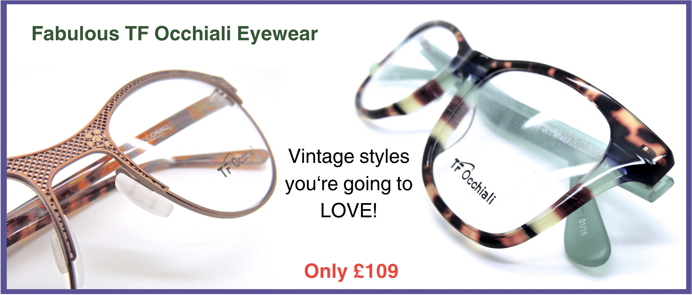 Colourful vintage TF Occhiali eyewear in varying styles at Eyehuggers